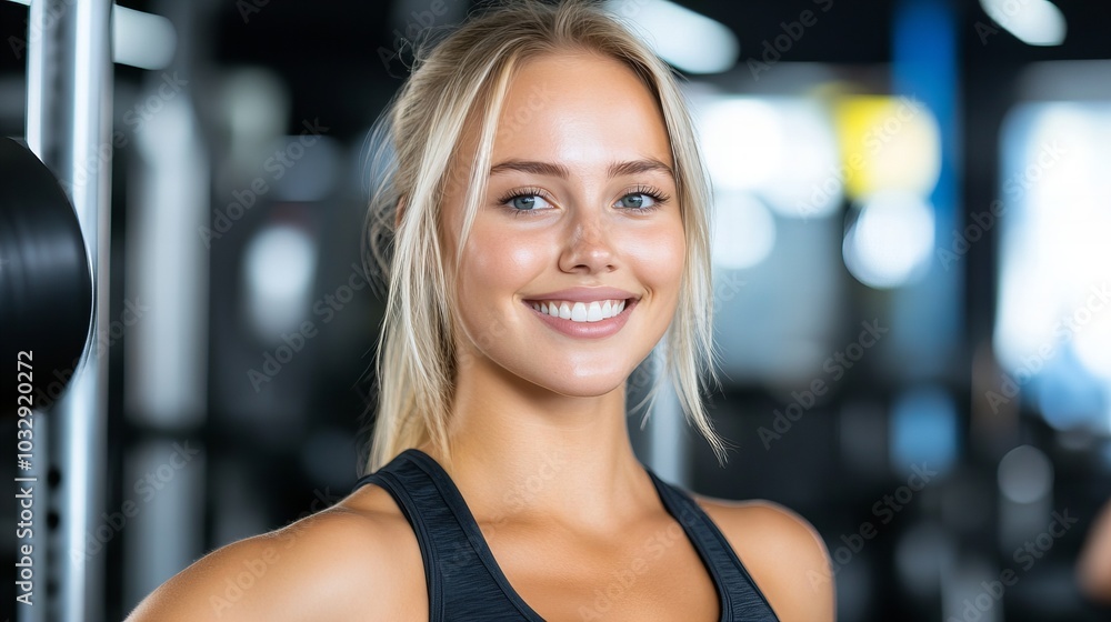 Young woman with blonde hair smiles at the camera at the gym. Young woman with blonde hair smiles at the camera at the gym.