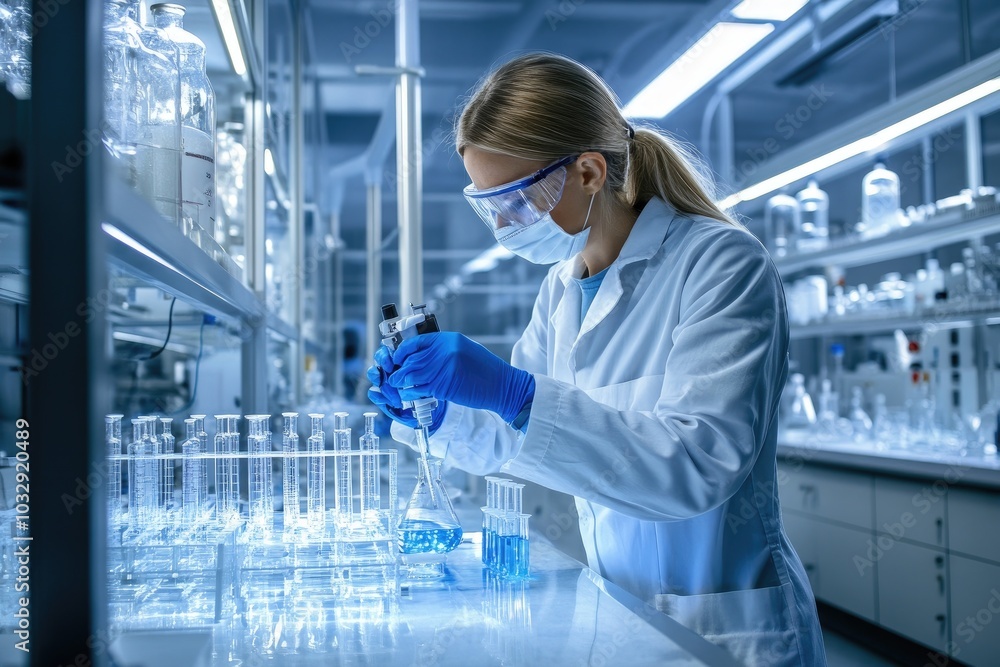 Lab worker filling beaker with blue liquid. A woman in a lab coat and gloves works with chemicals in a laboratory setting. Lab worker filling beaker with blue liquid. A woman in a lab coat and gloves works with chemicals in a laboratory setting.
