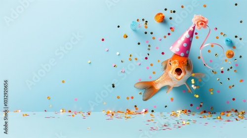 A goldfish wearing a party hat celebrates with colorful confetti and decorations indoors during a festive gathering