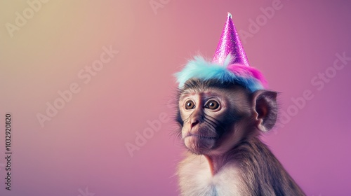 A young monkey wearing a colorful party hat against a vibrant backdrop celebrating a joyful moment of fun and playfulness photo