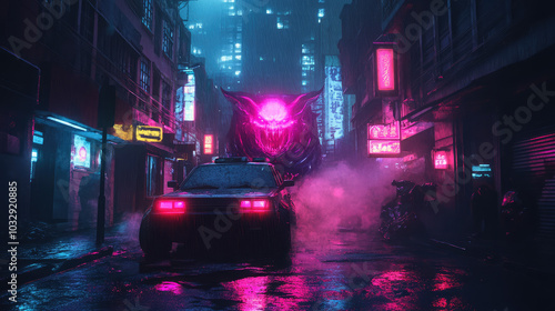 A car is driving down a street with neon lights and a large, glowing monster