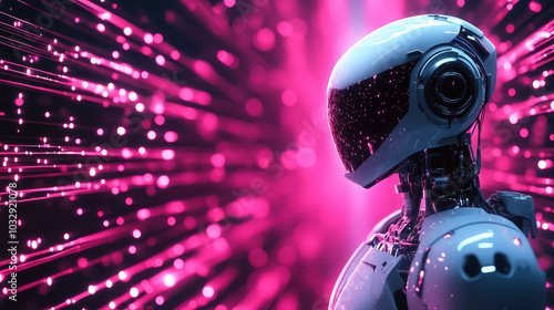 3d white robot on the right side of the image on a neon abstract background, space for text, banner, technology, future, science, copyspace, digital virtual world, artificial intelligence, robotics