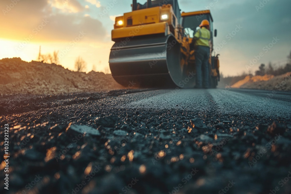 Close-up shot of freshly paved road. This image can be used to illustrate road construction, asphalt, or engineering. Close-up shot of freshly paved road. This image can be used to illustrate road construction, asphalt, or engineering.