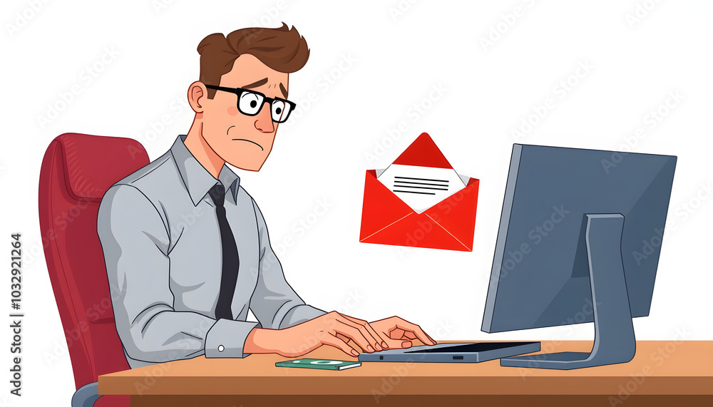 Businessman receives business email with bad news. Lagging computer hangs and gets stuck due to software problem. Sad adult man sitting at work desk reading bank debt notification on laptop screen i Businessman receives business email with bad news. Lagging computer hangs and gets stuck due to software problem. Sad adult man sitting at work desk reading bank debt notification on laptop screen i