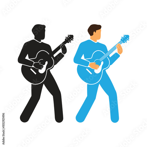 Musician Playing Guitar Silhouette, Color Vector Art In illustration. Music Band Icon Vector