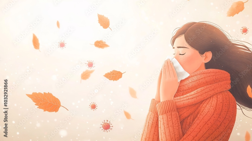 Woman Sneezing with Scarf and Floating Virus Particles Woman Sneezing with Scarf and Floating Virus Particles