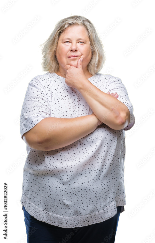 Senior plus size caucasian woman over isolated background looking confident at the camera with smile with crossed arms and hand raised on chin. Thinking positive. Senior plus size caucasian woman over isolated background looking confident at the camera with smile with crossed arms and hand raised on chin. Thinking positive.