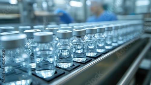 Glass vials on a conveyor belt. This photo shows a close-up of a pharmaceutical production line.
