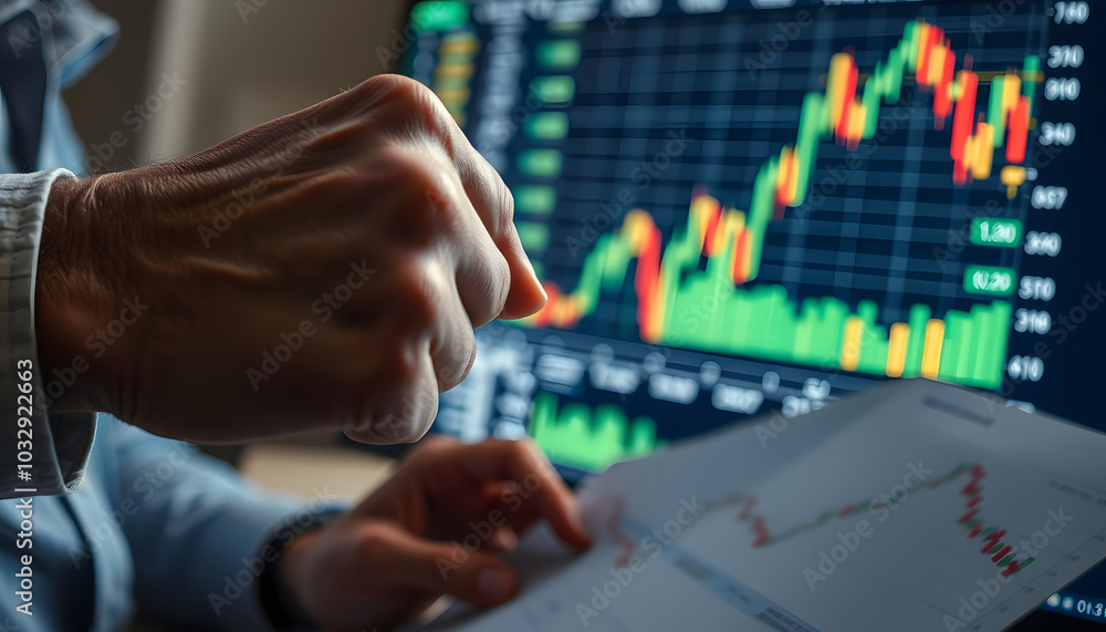 Close up of man punches against charts on paper and computer display. Concept of stock forex market options and bad economy news. Crisis and business activity. Trader people stress and desperation i Close up of man punches against charts on paper and computer display. Concept of stock forex market options and bad economy news. Crisis and business activity. Trader people stress and desperation i