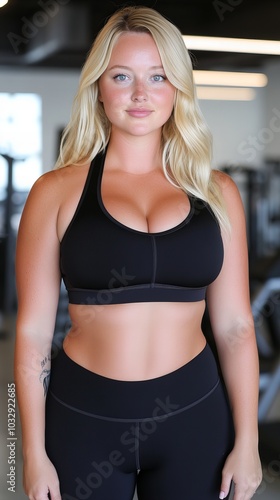 A young blonde woman in a black sports bra and leggings looks confidently at the camera.