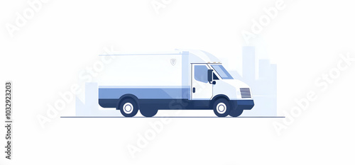 White delivery truck with blue accents driving on a road in front of city buildings.