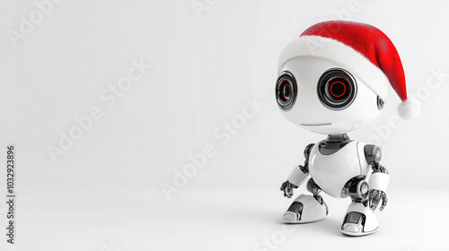 3d cartoon white robot in red santa claus hat on white background, empty space for text in the middle of the image, christmas, new year, technology, future, android, robotics, xmas