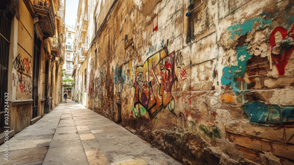 Fototapeta premium A colorful, urban wall features a collage of posters, graffiti, and street art, showcasing vibrant designs and textures in a gritty, urban environment.