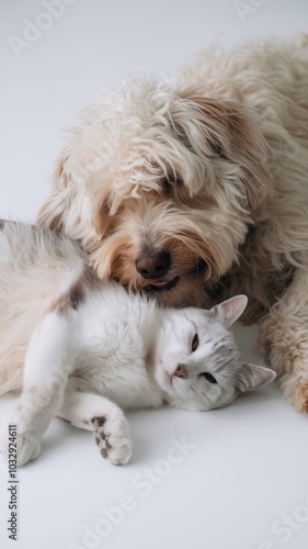 Fluffy white dog and striped tabby cat lying together peacefully in close proximity