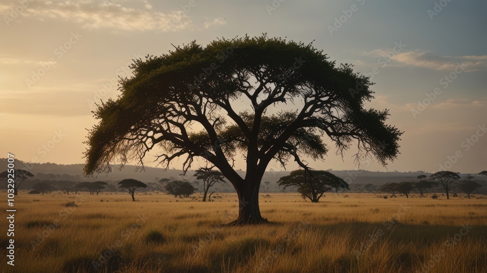 Obraz premium A lone acacia tree stands tall in the golden light of dawn, its silhouette a stark contrast against the vast African savanna.