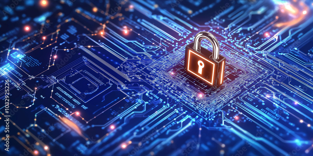 Padlock protecting computer circuit board from cyber attacks Padlock protecting computer circuit board from cyber attacks