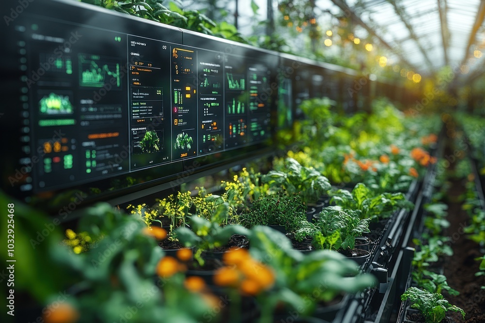 A modern greenhouse with digital display showing plant growth data. A modern greenhouse with digital display showing plant growth data.