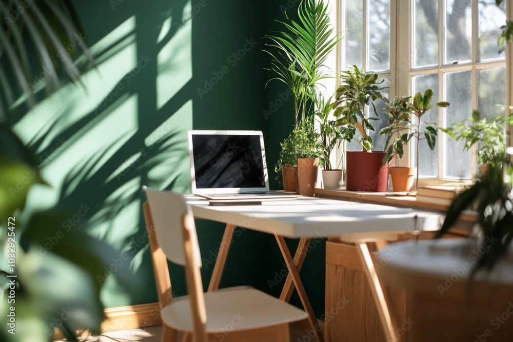 A serene workspace with plants and natural light. A serene workspace with plants and natural light.