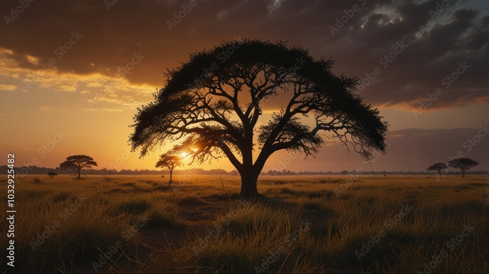A lone tree stands silhouetted against a vibrant sunset in a vast, grassy savanna. The sky is awash in shades of orange, pink, and purple, creating a breathtaking spectacle of nature's beauty. A lone tree stands silhouetted against a vibrant sunset in a vast, grassy savanna. The sky is awash in shades of orange, pink, and purple, creating a breathtaking spectacle of nature's beauty.