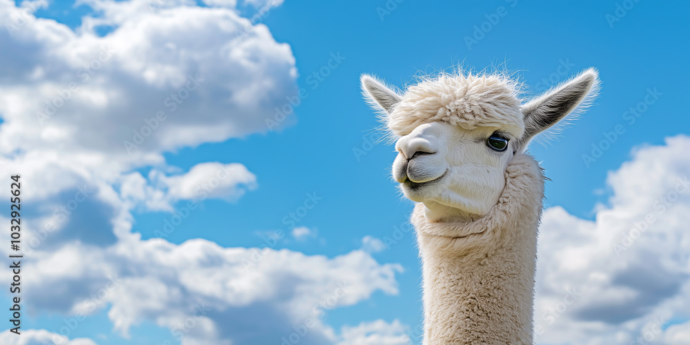 Obraz premium White alpaca posing with blue sky and clouds background