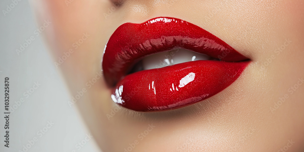 Beautiful woman lips showing red glossy lipstick Beautiful woman lips showing red glossy lipstick