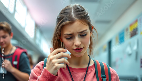 A teenage girl sweated at school and sniffed herself and smelled sweat and it was unpleasant and disgusted. The girl forgets to use deodorant isolated with white highlights, png photo