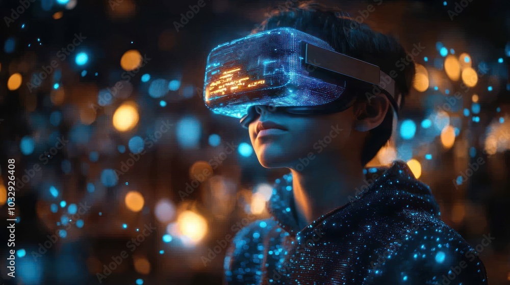 A young boy wearing a VR headset, exploring a virtual world filled with glowing particles. A young boy wearing a VR headset, exploring a virtual world filled with glowing particles.