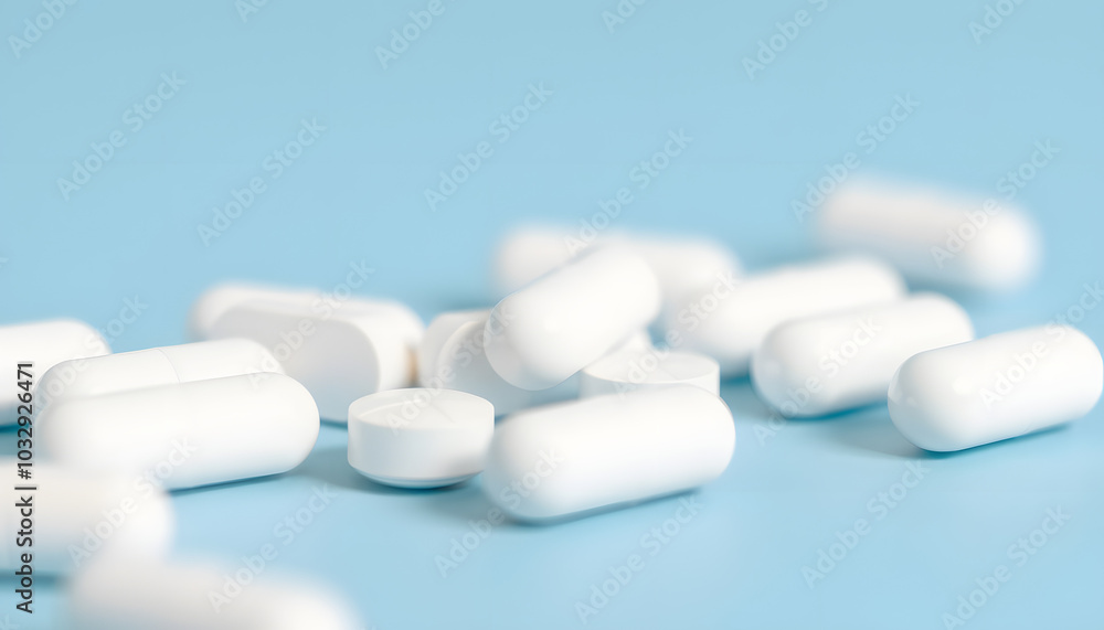White pills close-up on a blue-white background. close-up, pharmacovigilance, safety quality control isolated with white highlights, png White pills close-up on a blue-white background. close-up, pharmacovigilance, safety quality control isolated with white highlights, png