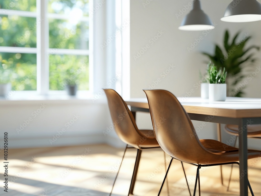 A bright, modern dining area with wooden table and stylish chairs. A bright, modern dining area with wooden table and stylish chairs.