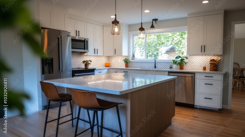Modern kitchen with an island, sleek appliances, and natural light. Modern kitchen with an island, sleek appliances, and natural light.