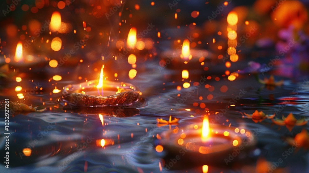 Candles Floating on Water with Sparkles and Bokeh Lights Candles Floating on Water with Sparkles and Bokeh Lights