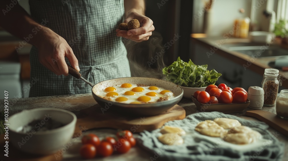 Person preparing a healthy breakfast with eggs, fresh vegetables, and herbs in a cozy kitchen, highlighting the importance of homemade meals and wellness at home. Person preparing a healthy breakfast with eggs, fresh vegetables, and herbs in a cozy kitchen, highlighting the importance of homemade meals and wellness at home.