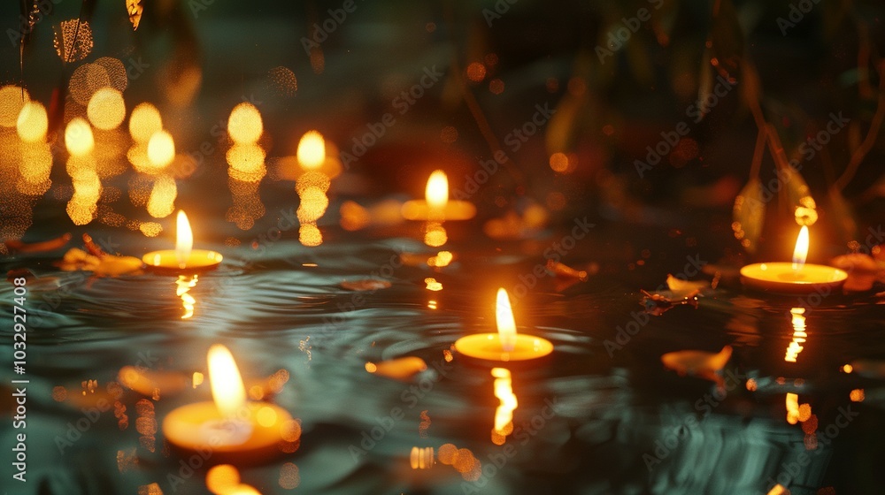 Burning Candles Floating in a Dark, Rippling Pond Burning Candles Floating in a Dark, Rippling Pond