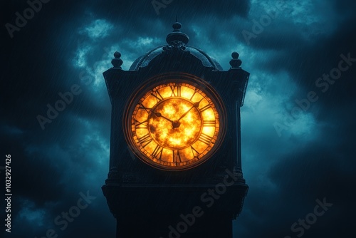 A close-up of a clock tower with a burning clock face against a stormy sky. The clock hands are pointing to midnight.