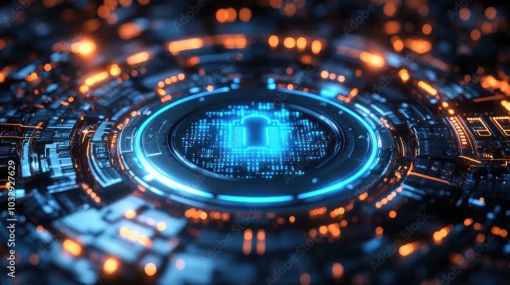 A futuristic, abstract digital interface with glowing blue and orange lights, resembling a circuit board or motherboard with a keyhole symbol in the center. A futuristic, abstract digital interface with glowing blue and orange lights, resembling a circuit board or motherboard with a keyhole symbol in the center.