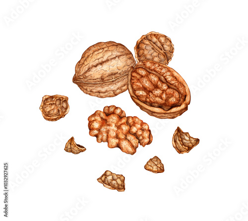 Whole walnut, half kernel and shell watercolor illustration isolated from background. Realistic texture and natural colors of the shell and kernel of the nut. Perfect cooking, botanical photo