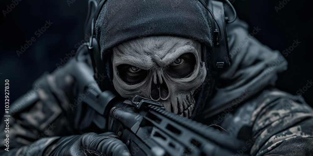 Soldier wearing skull balaclava aiming with assault rifle Soldier wearing skull balaclava aiming with assault rifle