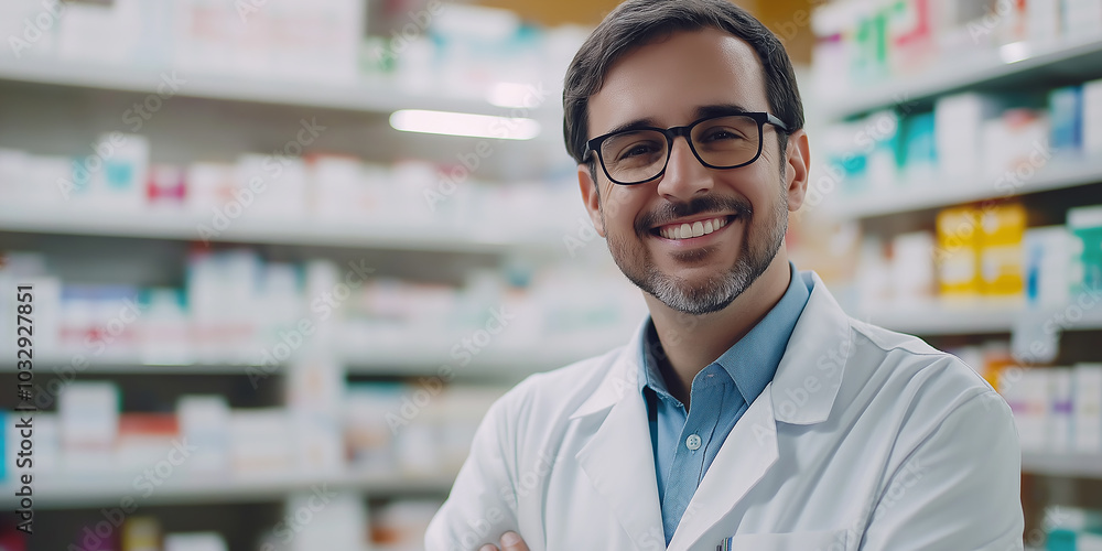 Pharmacist smiling with arms crossed standing in a drugstore Pharmacist smiling with arms crossed standing in a drugstore