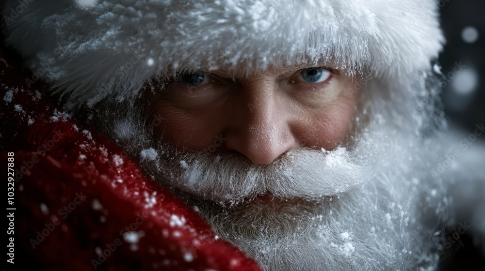 Close-up of a man's face with a white beard, wearing a Santa hat, covered in snow.