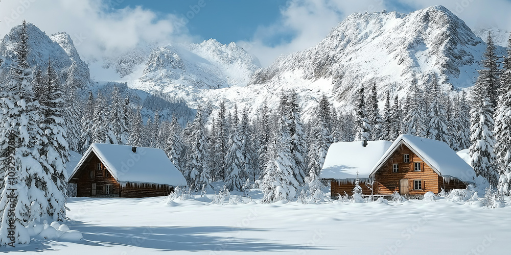 Fototapeta premium Sun shining on a snowy mountain landscape with two wooden cabins and evergreen trees