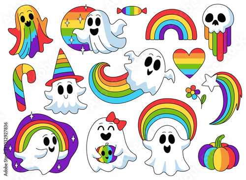 LGBT pride Halloween collection. Cute cartoon ghosts with rainbow, rainbow candies and heart, skull, flower and pumpkin. White background.