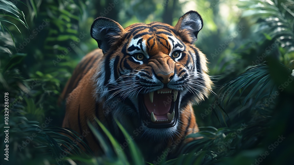 Majestic Tiger Roaring Ferociously Within a Lush Jungle Environment picture