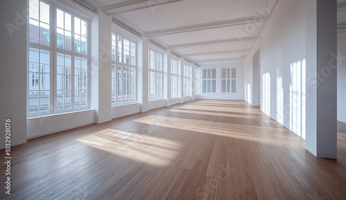 A large room with a lot of windows and a wooden floor