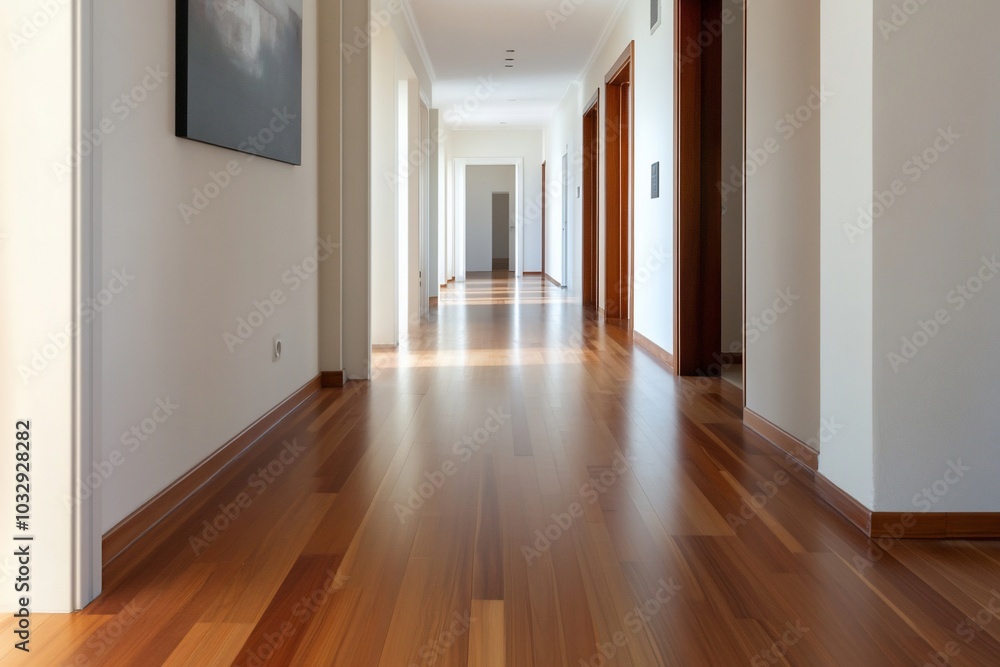 A modern hallway with wooden flooring and natural light. A modern hallway with wooden flooring and natural light.