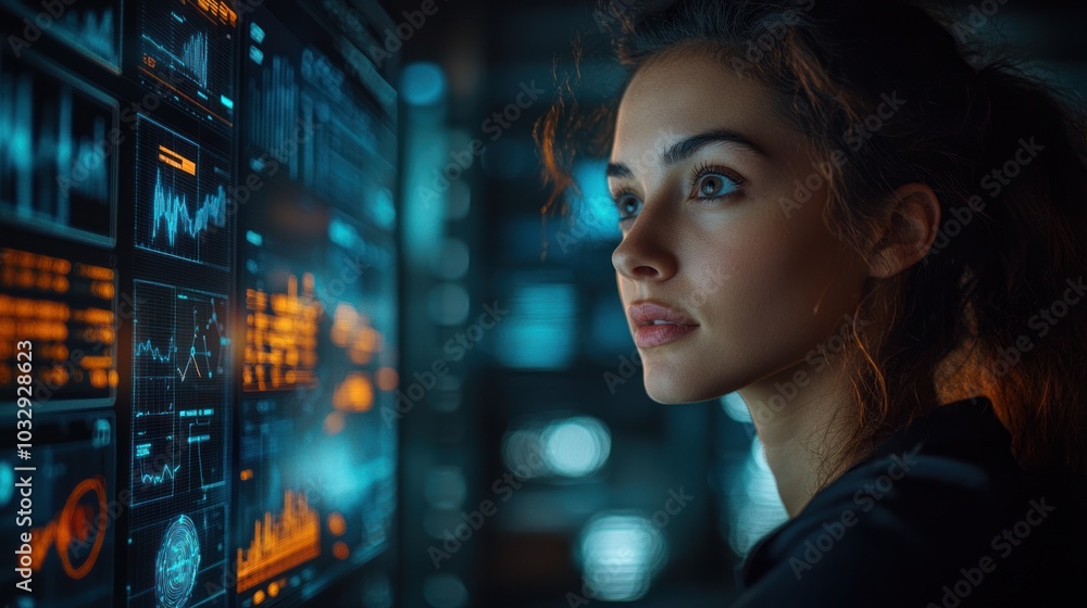 A young woman intently studying data on a large screen in a dimly lit room. A young woman intently studying data on a large screen in a dimly lit room.