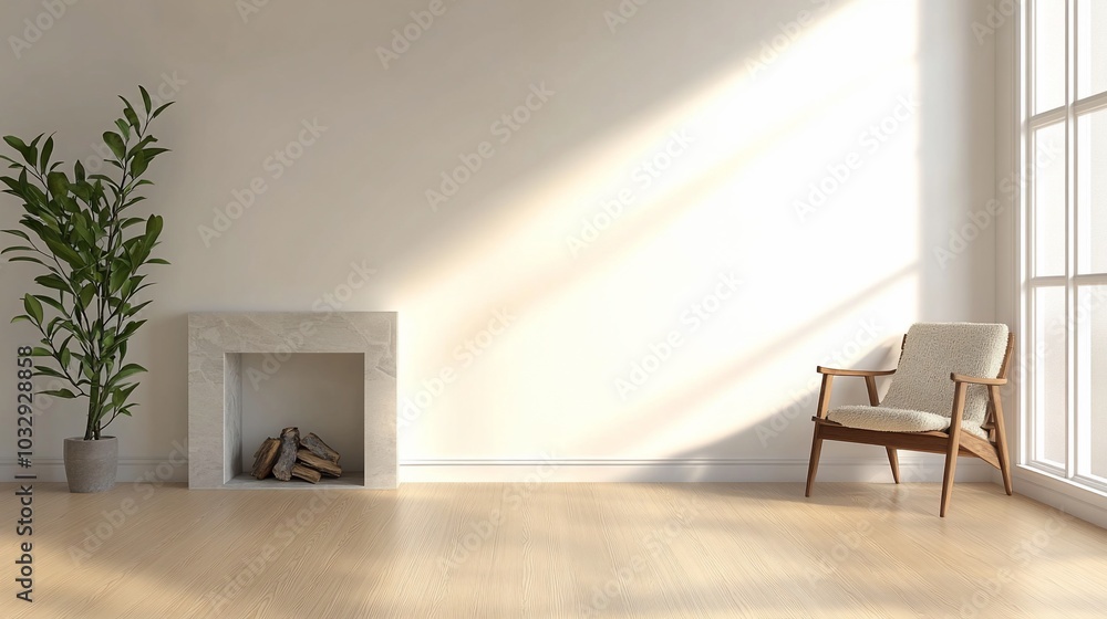 A bright, minimalist living space with a plant and a cozy chair. A bright, minimalist living space with a plant and a cozy chair.
