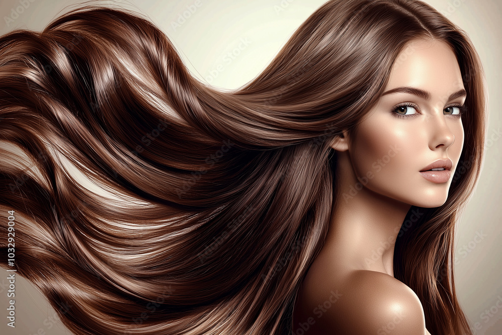 A woman with natural dark brown wavy hair. Image of hair dye packaging A woman with natural dark brown wavy hair. Image of hair dye packaging