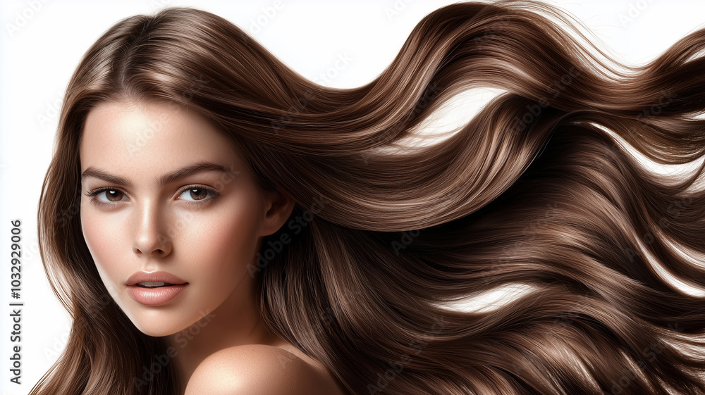 A woman with natural dark brown wavy hair. Image of hair dye packaging A woman with natural dark brown wavy hair. Image of hair dye packaging