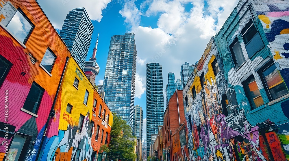 Obraz premium Towering steel buildings reach for the clouds, graffiti murals at their base bringing together the structured and artistic sides of city life