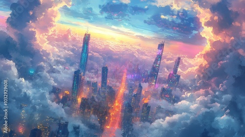 A mesmerizing scene of skyscrapers reaching the clouds, the lower walls adorned with glowing neon street art, seen from below in vibrant watercolor